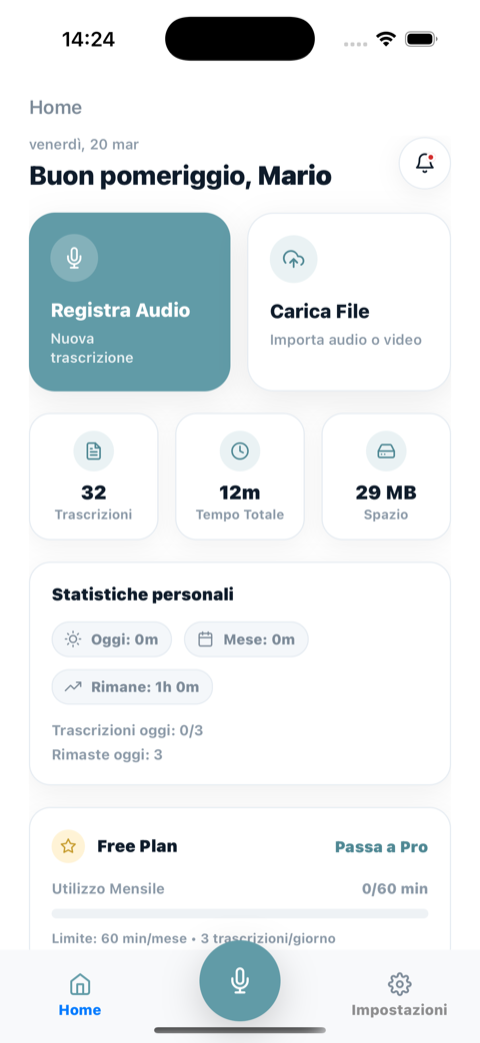 Schermata iniziale di Trais con statistiche personali e trascrizioni recenti