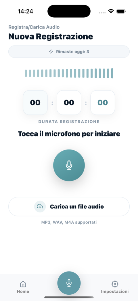 Schermata di registrazione di Trais con il timer e il pulsante del microfono