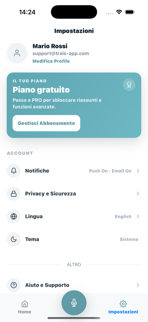 Impostazioni di Trais con gestione del piano, notifiche e privacy